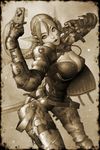  alien1452 armor breasts camera cellphone cleavage copyright_request covered_nipples elf gloves highres large_breasts long_hair monochrome phone pointy_ears sepia solo strap thigh_strap thighhighs v 