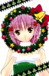  artist_request bell blush christmas christmas_wreath cross_hair_ornament dress earrings hair_ornament hinamori_amu jewelry official_art pink_hair ribbon scan short_hair shugo_chara! solo star stud_earrings 