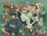  4girls alice_(wonderland) alice_in_wonderland apron baby blue_eyes bunny card cat caterpillar caterpillar_(wonderland) cheshire_cat cookie crown cuffs dormouse dress falling_card fishnet_pantyhose fishnets floating_card flower food gothic hat hatake_michi hookah key king mad_hatter march_hare multiple_boys multiple_girls mushroom pantyhose pocket_watch queen_of_hearts rose tea watch white_rabbit 