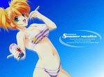  artist_request bikini copyright_request green_eyes red_hair shaved_ice solo striped striped_bikini swimsuit wallpaper 