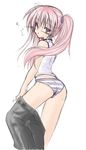  artist_request beatmania beatmania_iidx bemani blush mizushiro_celica panties pants_pull pink_hair pulled_by_self purple_eyes solo standing striped striped_panties twintails underwear undressing 