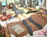  bonsai brown_hair computer feet foreshortening glasses gun handgun kneehighs laptop lying on_stomach original panties revolver school_uniform short_hair shotgun socks solo underwear weapon yasumori_zen 