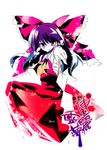  bow detached_sleeves dress full_body hair_bow hakurei_reimu long_hair long_sleeves looking_at_viewer purple_eyes purple_hair red_bow red_dress rei_(rei's_room) ribbon-trimmed_sleeves ribbon_trim simple_background solo text_focus touhou very_long_hair white_background 