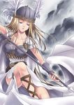  armor armored_dress blonde_hair cape copyright_request helmet polearm spear tanaka_shoutarou valkyrie weapon 