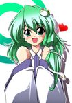  artist_request bare_shoulders blush detached_sleeves frog_hair_ornament green_eyes green_hair hair_ornament heart kochiya_sanae looking_at_viewer smile snake_hair_ornament solo touhou 