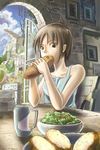  bowl bread brown_eyes brown_hair camisole chair cityscape cloud copyright_request cup day eating food indoors k_kanehira picture_frame ruins scenery sky table 