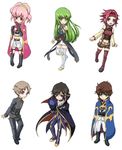  3girls :d anya_alstreim ashford_academy_uniform belt black_hair buckle c.c. cape chibi code_geass full_body green_hair hairband kallen_stadtfeld knights_of_the_round_uniform kururugi_suzaku lelouch_lamperouge long_hair military military_uniform mitsuki_meiya multiple_boys multiple_girls open_mouth pink_hair ponytail purple_eyes rolo_lamperouge simple_background smile standing thighhighs uniform very_long_hair white_background yellow_eyes zero_(code_geass) 