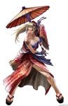  bare_shoulders blonde_hair breasts cleavage concealed_sword highres japanese_clothes kawano_takuji kimono large_breasts legs long_legs official_art oriental_umbrella ponytail sandals setsuka sheath solo soulcalibur soulcalibur_iv sword thighs umbrella unsheathing watermark weapon 