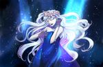  adjusting_hair bare_shoulders bracelet closed_eyes dress earrings flower hair_flower hair_ornament jewelry long_hair macross macross_frontier monaka night night_sky pink_hair sheryl_nome sky solo very_long_hair 