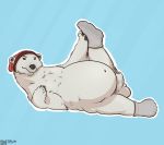  2019 anthro austrum balls beanie belly clothing digital_media_(artwork) erection fur hat legwear looking_at_viewer lying male mammal nude overweight overweight_male penis polar_bear simple_background slightly_chubby socks solo thick_thighs uncut ursine 