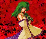  alternate_eye_color asymmetrical_hair bare_shoulders detached_sleeves egawa_satsuki eyebrows_visible_through_hair frog_hair_ornament green_hair hair_ornament japanese_clothes kochiya_sanae leaf leaf_background long_hair looking_at_viewer red_background red_eyes snake_hair_ornament solo touhou white_sleeves 