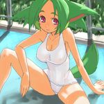  animal_ears breasts cleavage green_hair large_breasts one-piece_swimsuit original pink_eyes red_eyes school_swimsuit see-through sitting solo spread_legs swimsuit tail unaji white_school_swimsuit white_swimsuit 