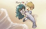  1girl :&lt; beach chibi copyright_request couple grey_skin heart hetero horror_(theme) john_su mermaid monster_girl open_mouth sand sharp_teeth smile tail teeth twitching wet yellow_eyes |_| 