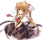  air animal_ears black_dress blonde_hair blush cat_ears cross dress hair_ribbon hits kamio_misuzu latin_cross long_hair lowres patoto ribbon school_uniform sitting solo speech_bubble thank_you v_arms very_long_hair wariza white_background white_ribbon 