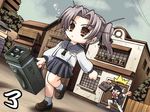  1girl bag barefoot black_hair brown_eyes bubble chibi daiakuji empty_eyes game_cg grey_hair hair_ribbon leg_lift m202 multishot_rocket_launcher onigirikun open_mouth ribbon rocket_launcher school_bag school_uniform serafuku short_twintails skirt sweatdrop takega_satsu twintails weapon yamamoto_akuji 