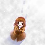 brown_hair footprints from_above hairband kanon open_mouth shima-shuu short_hair smile snow snowing solo tsukimiya_ayu 