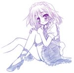  blush gradient izayoi_sakuya leg_garter legs lowres maid_headdress monochrome purple shoe_ribbon sitting smile solo touhou yamu_(reverse_noise) 