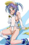  blue_eyes blue_hair blush breasts demag dutch_angle hand_to_own_mouth medium_breasts moetan one-piece_swimsuit pastel_ink reclining school_swimsuit sideboob single_thighhigh solo swimsuit teenage thighhighs torn_clothes twintails undersized_clothes white_school_swimsuit white_swimsuit 