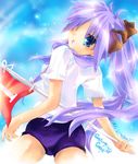  buruma flag gym_uniform hiiragi_kagami lucky_star numbered_flag nyanmilla purple_hair solo sports_festival tsurime 