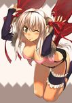  breasts cleavage demon_girl garter_belt garters horns large_breasts lingerie long_hair lowres morii_shizuki one_eye_closed panties ragnarok_online solo succubus_(ragnarok_online) underwear white_hair wings 