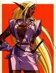  90s ahoge armlet belt blonde_hair breasts breasts_apart center_opening circlet cowboy_shot dark_elf dark_skin dress elbow_gloves elf fantasy gloves grin hand_on_hip jewelry jpeg_artifacts lipstick long_hair long_pointy_ears looking_afar looking_away loose_belt makeup medium_breasts no_bra official_art open_clothes open_dress parted_lips pirotess pointy_ears profile record_of_lodoss_war red_background red_lipstick short_dress sidelocks simple_background slender_waist smile solo standing sword turtleneck very_long_hair weapon yellow_eyes yuuki_nobuteru 