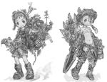  1girl armor backpack bag belt blush_stickers boots child closed_mouth eyebrows greyscale hat highres looking_at_viewer midriff minigirl monochrome navel original parted_lips smile standing sword tsukushi_akihito weapon 