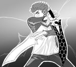  artist_request emiya_shirou fate/stay_night fate_(series) greyscale lowres male_focus monochrome raglan_sleeves solo sword weapon 