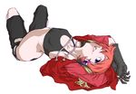  blue_eyes copyright_request elbow_gloves flat_chest gloves inawata jewelry lying midriff red_hair ring solo 