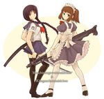  gun katana kazu legs machine_gun maid mg42 multiple_girls original school_uniform serafuku sword thighhighs weapon zettai_ryouiki 