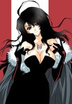  artist_request black_dress black_hair breasts cleavage coat dress fullmetal_alchemist gloves hexagram large_breasts long_hair lust ouroboros purple_eyes solo tattoo wavy_hair 