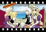  3girls blonde_hair chopsticks cover cover_page doujin_cover doujinshi elbow_gloves film_border film_strip gloves hat hirafumi kirisame_marisa maribel_hearn morichika_rinnosuke multiple_girls no_hat no_headwear obentou purple_eyes sitting touhou train_interior white_gloves white_hair yakumo_yukari 