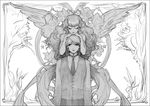  1girl 2007 bare_shoulders book closed_eyes curly_hair flower greyscale hands_on_another's_head hug hug_from_behind leaf long_hair long_sleeves looking_at_viewer looking_down maggi monochrome necktie original plant rose shirt sketch smile very_long_hair vest wings 