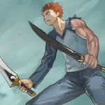  artist_request dual_wielding emiya_shirou fate/stay_night fate_(series) glowing glowing_eyes holding male_focus muscle raglan_sleeves red_hair solo sword torn_clothes weapon 