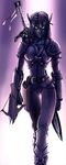  ammunition armor artist_request belt bow_(weapon) breasts buckle crossbow crossbow_bolts elf glowing glowing_eyes gradient gradient_background greaves highres large_breasts looking_at_viewer markings night_elf pauldrons pointy_ears purple_hair purple_skin quiver solo sword walking warcraft weapon white_eyes 
