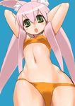  animal_ears bikini bunny_ears curvy flat_chest green_eyes hips long_hair midriff navel original pink_hair solo swimsuit unaji 