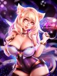  &lt;3 ahri_(lol) animal_humanoid bare_shoulders big_breasts blonde_hair breasts butt canine canine_humanoid clothing ear_piercing eyebrows_visible_through_hair eyewear female fox_humanoid fox_tail glasses hair hair_between_eyes half-length_portrait humanoid jewelry league_of_legends legwear long_hair looking_at_viewer mammal mumeaw open_mouth piercing portrait riot_games short_sleeves signature simple_background solo standing thick_thighs thigh_highs video_games yellow_eyes 