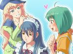  2girls :d apron beret black_dress blonde_hair blue_eyes blush collarbone crossdressing dress expressionless frills grin hat macross macross_frontier maid maid_headdress multiple_girls nishiwaki open_mouth orange_dress puffy_short_sleeves puffy_sleeves ranka_lee saotome_alto sheryl_nome short_sleeves smile tareme teeth 