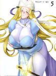  blonde_hair blush bodysuit breast_squeeze breasts glasses highres huge_breasts long_hair magic melpha queen's_blade shield solo very_long_hair white_bodysuit zundarepon 
