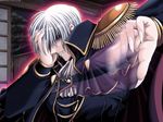  claws covering_one_eye fang game_cg gowen_manilla hatozuki_tsumiki kuutei_senki male_focus motion_blur red_eyes saeki_hokuto solo vampire white_hair 