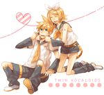  1girl bad_id bad_pixiv_id blonde_hair brother_and_sister cheek_pinching closed_eyes detached_sleeves hair_ornament hair_ribbon hairclip happy kagamine_len kagamine_rin kneeling monaka pinching ribbon short_hair shorts siblings sitting twins vocaloid 