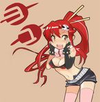  :d blush breasts cleavage eu03 hands_on_own_cheeks hands_on_own_face large_breasts long_hair midriff navel open_mouth red_hair scarf smile solo tengen_toppa_gurren_lagann thighhighs yellow_eyes yoko_littner 