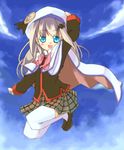  azuki_akizuki blue_eyes bow buttons cape fang hat jumping large_buttons little_busters! long_hair noumi_kudryavka pink_bow plaid plaid_skirt school_uniform silver_hair skirt solo thighhighs 