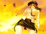  bangs blush breasts brown_eyes brown_hair cloud covered_nipples dress_shirt hat koutaro large_breasts leaf long_hair midriff miniskirt naughty_face navel necktie no_bra open_clothes open_shirt outdoors parted_bangs pencil_skirt pp:_pianissimo shirt skirt sky smile solo standing sunset suspenders tachibana_mikage 