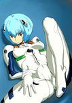  antenna_hair ayanami_rei bangs blue_background blue_hair bodysuit bracer breasts cameltoe covered_nipples crotch dutch_angle expressionless fat_mons from_above gloves hair_between_eyes hair_ornament hand_on_own_thigh impossible_bodysuit impossible_clothes knee_up looking_at_viewer lying neon_genesis_evangelion number on_back parted_lips perky_breasts pilot_suit plugsuit red_eyes shadow short_hair skin_tight small_breasts solo spread_legs suka_kusujirou thighs turtleneck white_bodysuit 