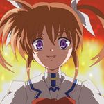  artist_request bow crazy_eyes fire lowres lyrical_nanoha magical_girl mahou_shoujo_lyrical_nanoha purple_eyes red_bow red_hair solo takamachi_nanoha twintails white_devil 