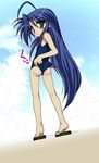  :3 ahoge artist_request ass bangs beach blue_hair blue_swimsuit blush body_blush closed_mouth cloud day flat_chest from_behind green_eyes hair_between_eyes izumi_konata kneepits legs lifted_by_self long_hair looking_at_viewer looking_back lucky_star mole mole_under_eye one-piece_swimsuit outdoors parted_bangs sandals school_swimsuit sidelocks sky solo standing swimsuit swimsuit_lift tiptoes very_long_hair 