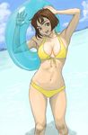  :d armpits arms_up bad_id bad_pixiv_id beach bikini breasts brown_hair cleavage cloud day front-tie_top ibanen innertube large_breasts looking_at_viewer navel ocean open_mouth original outdoors short_hair sky smile solo swimsuit wading water yellow_bikini 