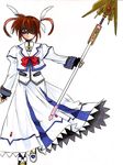  artist_request bow fingerless_gloves gloves left-handed lyrical_nanoha magazine_(weapon) magical_girl mahou_shoujo_lyrical_nanoha_strikers purple_eyes raising_heart red_bow red_hair shaded_face solo takamachi_nanoha twintails white_devil 