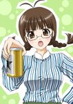  akizuki_ritsuko antenna_hair braid brown_eyes brown_hair can glasses holding idolmaster idolmaster_(classic) idolmaster_1 itsuki_sayaka long_hair long_sleeves looking_at_viewer rimless_eyewear shirt soda_can solo striped striped_shirt twin_braids upper_body vertical-striped_shirt vertical_stripes 