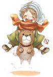  child closed_eyes copyright_request dog happy hat jacket riding scarf shiba_inu smile solo yuuryuu_nagare 